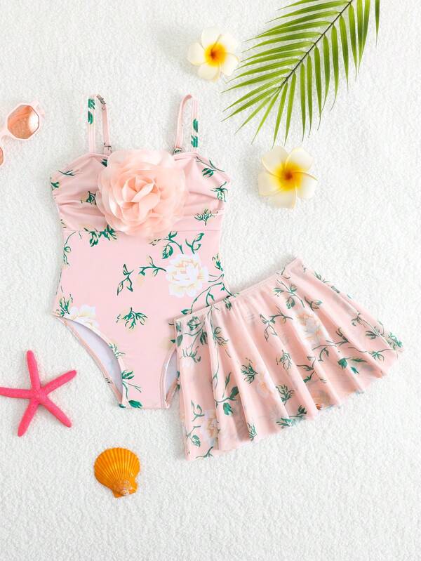 Traje de baño de una pieza con estampado floral, volantes y tirantes finos con falda de tul para niñas