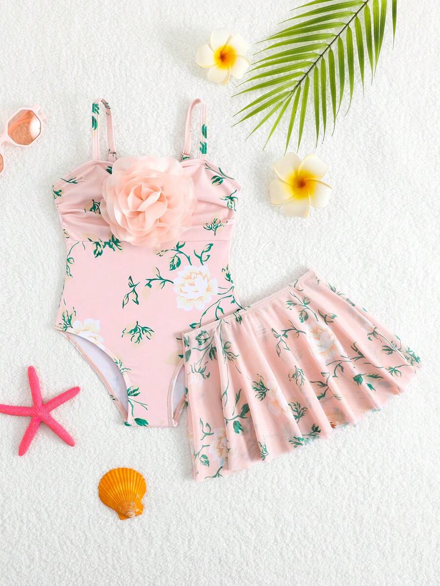 Traje de baño de una pieza con estampado floral, volantes y tirantes finos con falda de tul para niñas - Rosa - Ver 1
