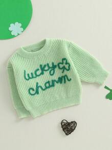 Suéter de punto con cuello redondo y manga larga con bordado de letras de trébol para bebé pequeño - Verde - Ver 4