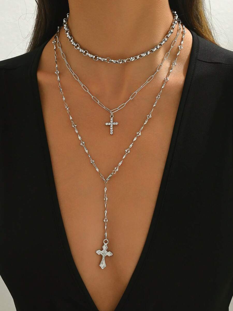 3pcs/Set Popular Handmade Silver Chain Necklace Set, Fashion Simple Cross Pendant Necklace, Y Style Clavicle Chain Jewelry, Suitable For Daily Wear & Photo Shoots. Handmade Chains Can Be Cut To Desired Length. - Silver - View 1