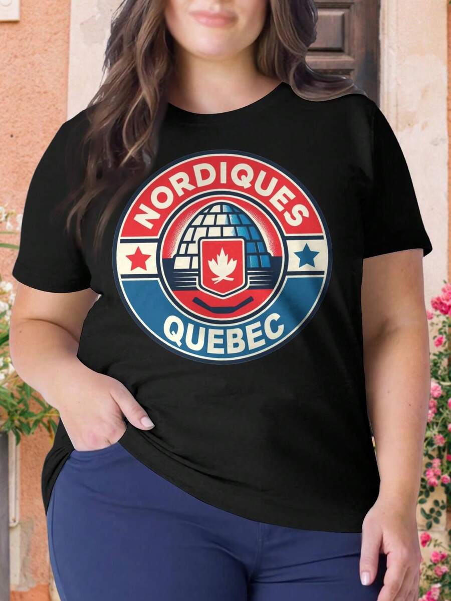 Quebec Nordiques Vintage Oversize Women T-Shirt Canadian Hockey Classic Hockey Hockey Fans Hockey Stick Puck Women's Plus Size - 黑色 - 查看 1