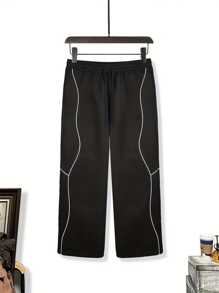 Pantalones casuales de hombre con bloqueo de colores y parches, ajuste holgado, estilo callejero, para primavera y otoño - Negro - Ver 4