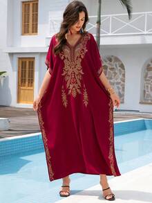 Red Embroidered Dubai Style Short Sleeve Casual Robe, Kaftan Robe