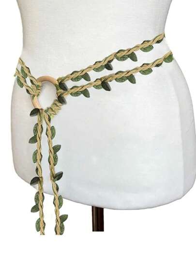 Renaissance Medieval Belt, Linen Green Leaf Handwoven Belt Summer, School Fall, Autumn, Halloween