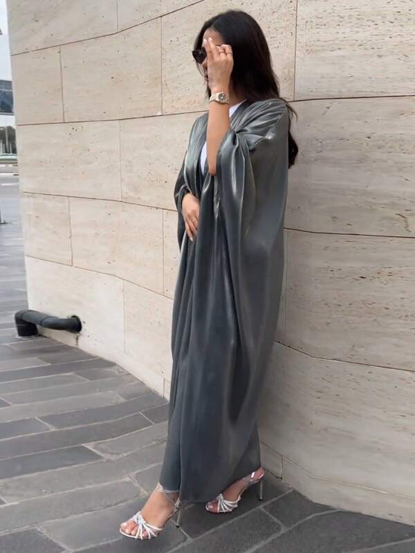 1 peça cor sólida simples tamanho único cetim mercerizado moda feminina vestuário do Oriente Médio saia longa elegante cardigan vestido robe ramadan abaya adequado para festivais diários