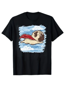 Funny Cartoon Red Cape Shar-Pei Print - Men's 190gsm Cotton Short Sleeve T-Shirt - 黑色 - 查看 2