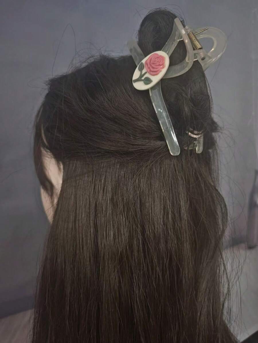 1 件韩国 3D 玫瑰蝴蝶结透明亚克力发夹，简约马尾发夹，适合日常使用