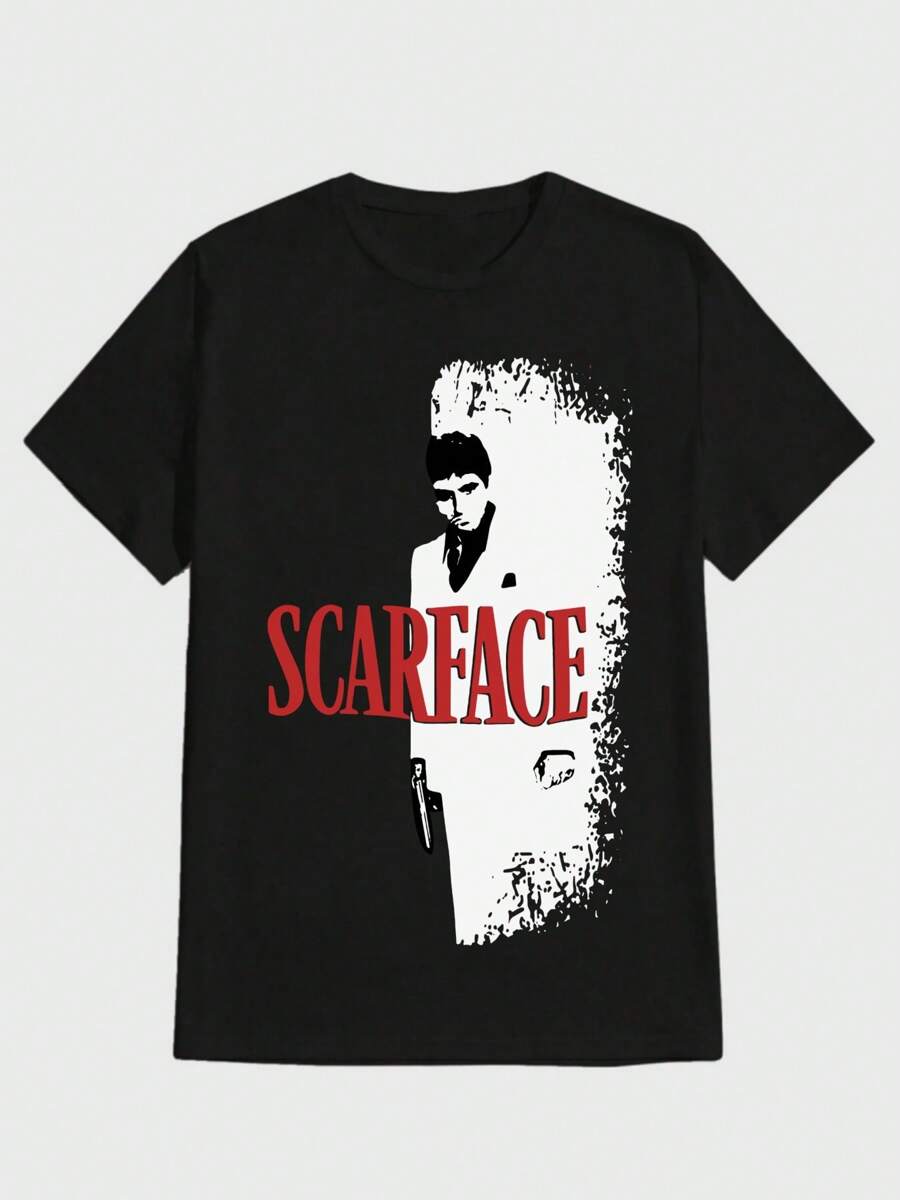 Scar  Face-Mens-Tshirt-Movie-Logo-Black  Casual Digital Print  Pure Heavy Cotton T Shirt - 黑色 - 查看 1