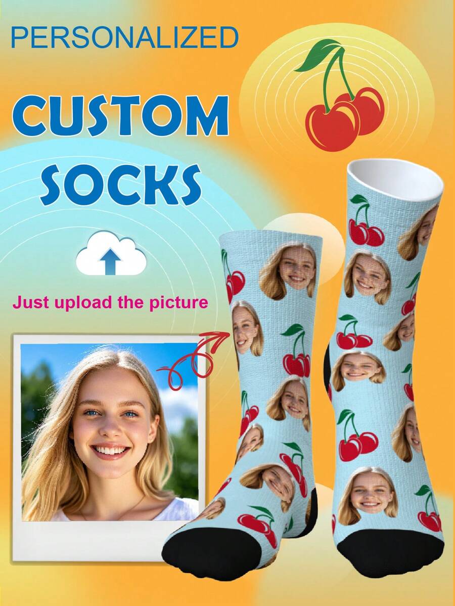 1 Pair Of Customized Crew Socks,Custom Face Socks, Custom Photo Sock, Custom Printed Socks, Personalized Funny Face Socks, Custom Picture Socks, Put Any Face On The Socks, Anniversary Gift, Valentine Gift, Birthday Gift, Wedding Gift, Mother's Day Gift - Multicolor - View 1