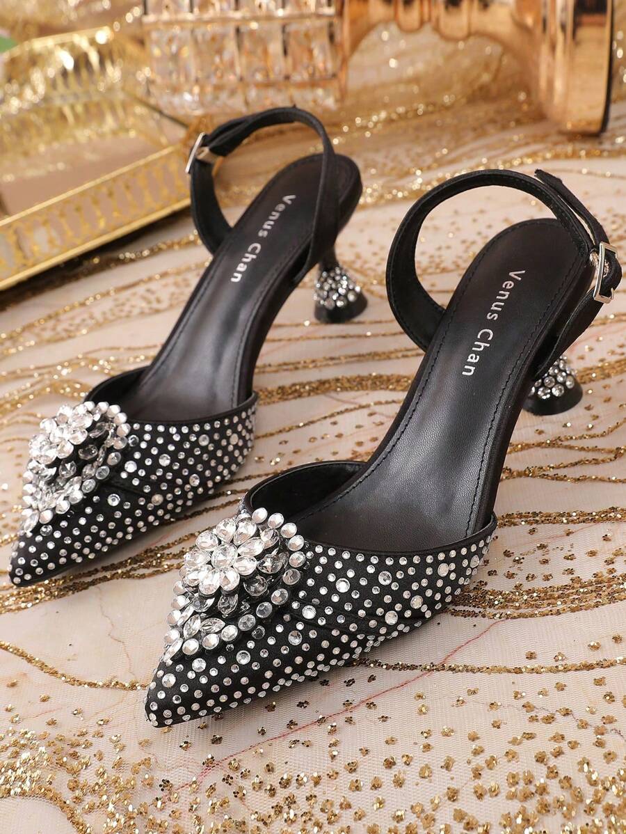 Venus Chan 女士蓝色婚礼高跟鞋意大利设计水钻装饰尖头华丽派对 2025 INS 女士大码鞋派对高跟鞋 - 藍色 - 查看 1