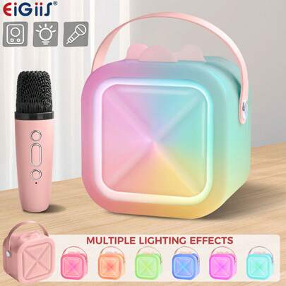 EIGIIS Mini impianto karaoke con microfoni senza fili, altoparlante karaoke Bluetooth, microfono portatile Bluetooth con effetti luminosi LED, cambio vocale, regalo perfetto per la famiglia