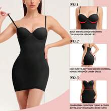 Built In Bra Women Slimming Tummy Control Shapewear Dress Slip Dress Under Dresses Body Shaper Compression Bodycon Shaping Full Slips Skirt Underdress Underwear Tube Stretch Mini Dress Shelf Bra Spaghetti Strap - Black - View 2