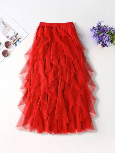 1pc Women Asymmetric Ruffled Tiered Mesh Puff Skirt