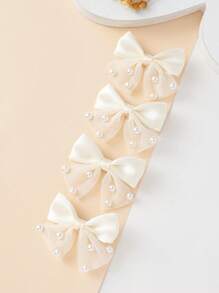 2pcs Pearl Bow Hair Clips For Teen, Cute/Playful Bow Hair Accessories, Fashionable High-End Hair Ornaments - Beige - View 2
