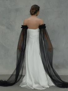 一件式荷叶边长款黑色新娘袖薄网眼袖可拆卸婚纱袖婚礼配饰女士秋季服装 - 黑色 - 查看 4