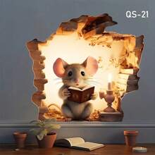 1pc Cute Reading Mouse Decorative Sticker, Self-Adhesive Wall, Baseboard, Desk, Cat Toy Sticker Film