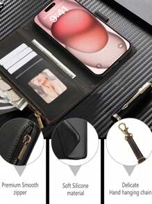 1 件时尚商务高档奢华拉链防摔防滑防尘多卡位压花款手机壳适用于 12 13 14 15 16promax GalaxyS22 S23 S24 防水防震防刮全覆盖 - 米色 - 查看 8