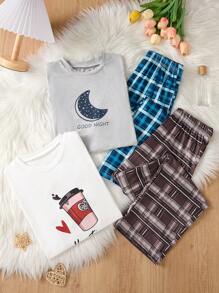 A 4-Piece Set Of Fashionable Casual Boys' Home Clothes, Featuring A Perfect Combination Of Moon Goodnight And Coffee Time Patterns, Paired With Casual Checkered Pants And A Round Neck Long Sleeved Top. Comfortable Fabric, Suitable For Daily Wear At Home And While Walking Dogs