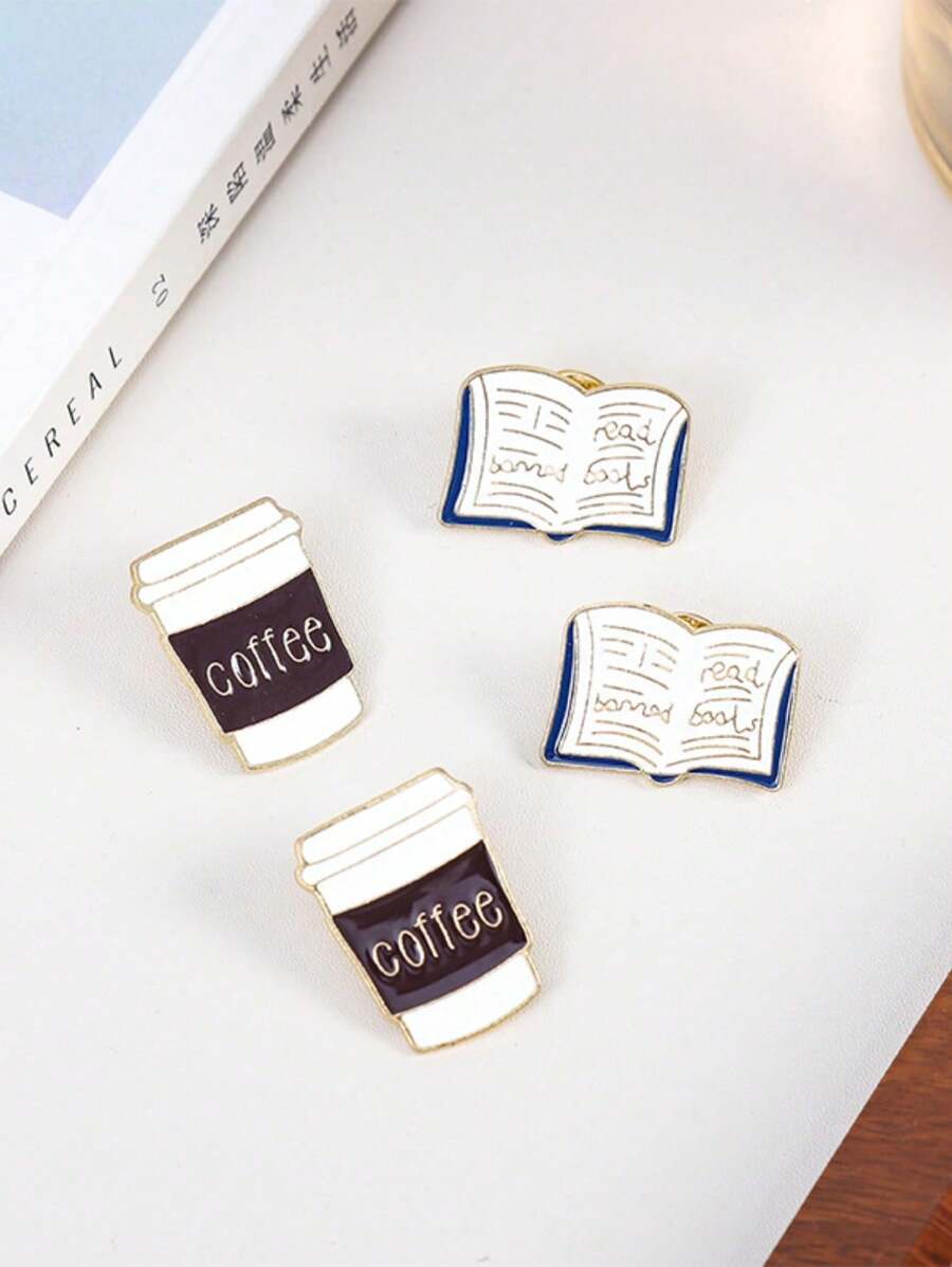1pc Cute Mini Coffee Book Cartoon Metal Brooch Pin, Casual & Versatile Daily Wear Accessory - Multicolor - View 1