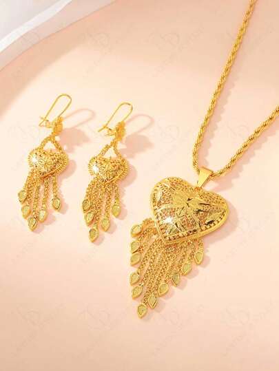 24K Gold Plated Hollow Floral Heart Pendant Necklace & Tassel Earrings 2Pcs Bridal Jewelry Set, Dubai Fashion Copper Jewelry For Women