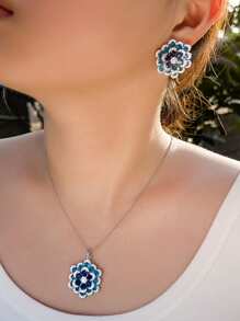 1 Cặp Hoa tai hình học Cubic Zirconia màu xanh sang trọng theo phong cách Art Deco và 1 Bộ trang sức mặt dây chuyền dành cho nữ, Tiệc đính hôn và tiệc cưới - Màu xanh lam - Xem 9