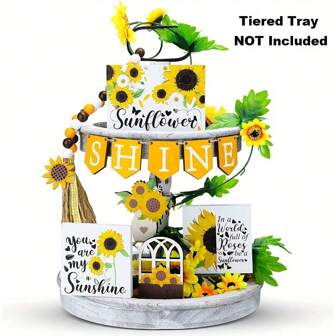 1 套向日葵主题分层木制托盘装饰，夏季农舍向日葵木制家居装饰