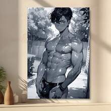 Framed Canvas Wall Art Featuring A Strong Male Anatomy, A Shy Young Man, And Anime Style In Black And White Minimalism - A Large Canvas Print Suitable For Gifting, Perfect For Bedrooms, Offices, Living Rooms, Cafes, And Bars. Birthday Party Decor, Mother's Day New Year Easter Gift,  Home Living Room Office Wall Decor, Perfect Gift And Wall Decoration - Framed - View 1