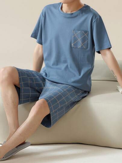 AICJ 2pcs/Set Men's Casual Solid Color Loose Fit Simple Short Sleeve T-Shirt And Plaid Shorts Pajama Set, Suitable For Spring & Summer, Cool Light Blue