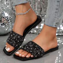 Women's Fashion Rhinestone Slide Sandals Open Summer Dressy Slippers Square Toe Slip On Flat Sandals