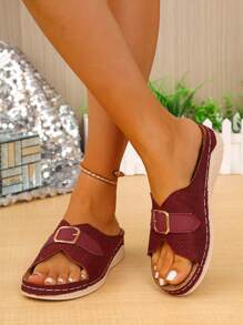 New Red Women's Platform Wedge Open Toe Sandals, Colorful Block Hollow-Out Slide Slippers, Casual Summer Outdoor Style, Hollow Design, Suitable For Indoor & Outdoor Activity, Fashionable Wedge Heel Design Women Shoes