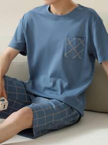 AICJ 2pcs/Set Men's Casual Solid Color Loose Fit Simple Short Sleeve T-Shirt And Plaid Shorts Pajama Set, Suitable For Spring & Summer
