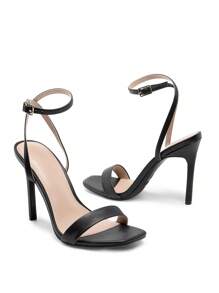 Women Solid Color High Heeled Sandals Open Square Toe Ankle Strap High Stilettos Fashion Wedding Party Club Dance Pumps Sandals - Black - View 3