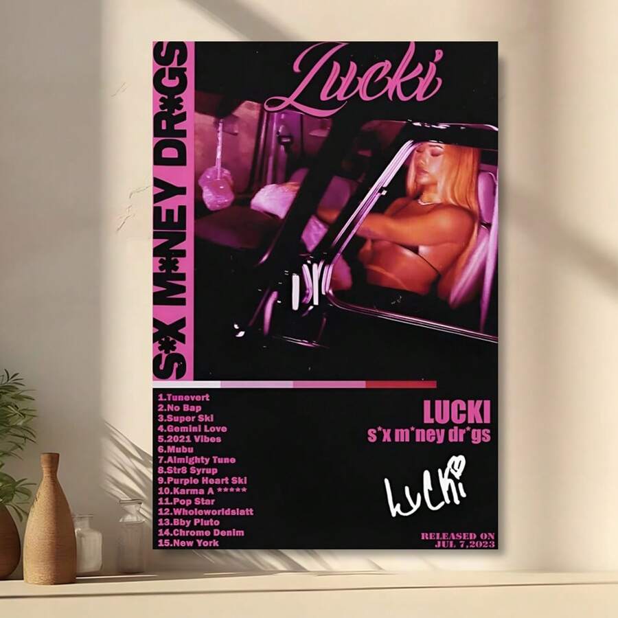 Framed Lucki "SxMney Drgs" Album Cover   Textile Canvas Poster - Music Themed Wall Art Decor Birthday Party Decor, Mother's Day New Year Easter Gift  Home Living Room Office Wall Decor, Perfect Gift And Wall Decoration - Framed - View 1
