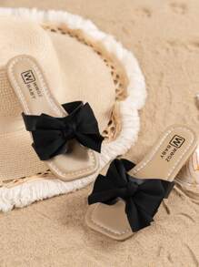 Dziewczęce modne, słodkie, duże, kokardkowe, kwadratowe, płaskie sandały, wygodne, lekkie, wsuwane buty, odpowiednie na letnią plażę, losowy kolor podeszwy, zamów o 1 rozmiar większy