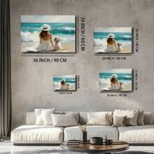 1pc Beach Vintage Decoration Prints Poster A Woman And Her Dog On The Beach Wall Art Decoration For Living Room Bedroom Bathroom Kitchen Apartment Hotel, Artful Home Decoration - Framed, Horizontal
