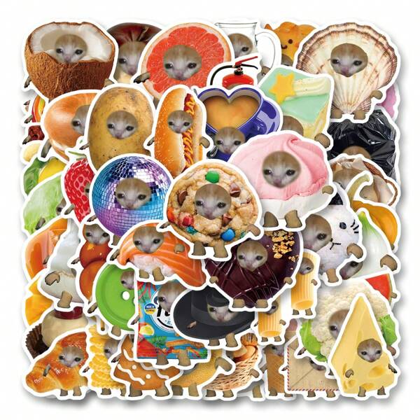 50pcs/Pack Funny Cat Food Meme Aesthetic Label Graffiti Stickers, Cute Cartoon Funny Aesthetic Label Sticker Pack Self-Adhesive Seal Stationery Card Envelope Guitar Musical Instrument Decoration For Scrapbooking, Holiday Gifts Teen Party Supplies Reward Encouragement Motivation Decal New Year Winter
