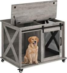 Dog Crate Furniture With Sliding Barn Door, Flip Top Dog Crate, Furniture-Style Dog Crates With Wheels, Indoor Dog Kennel Furniture With Removable Divider, Dog House, Decorative Pet House End Table,  Wooden Cage Kennel Furniture Indoor - Grey - View 2