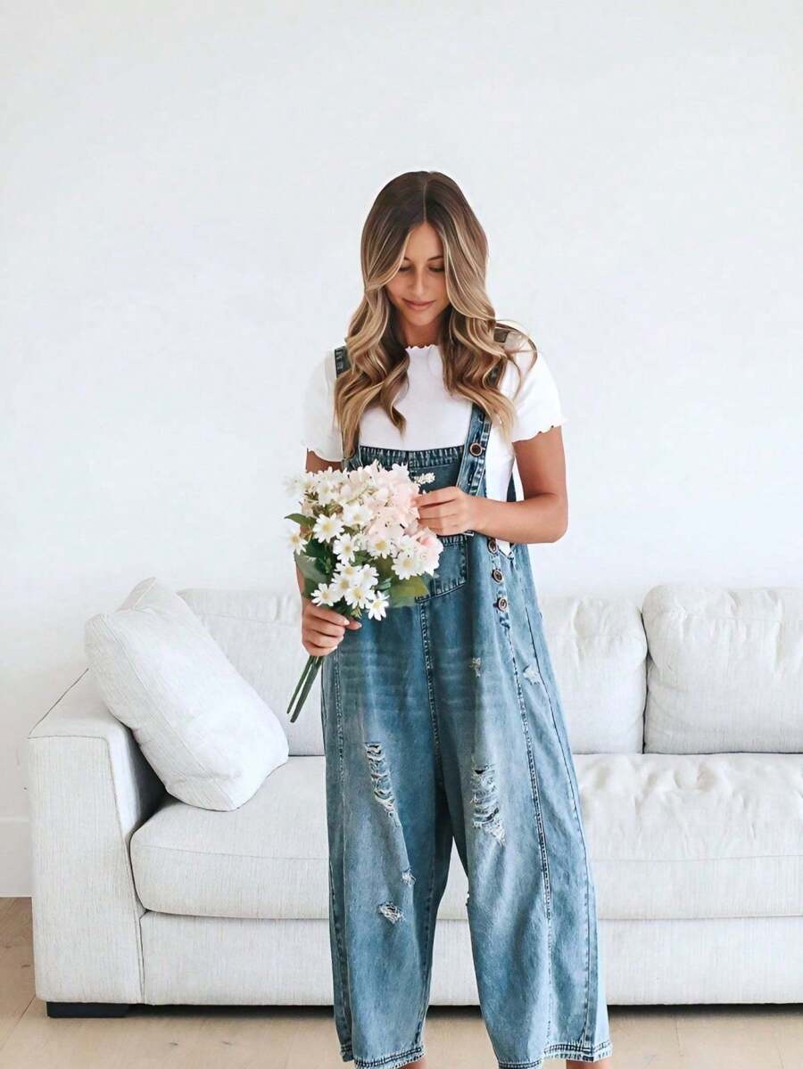 Women's Casual Denim Overall Jumpsuit  Loose Adjustable Shoulder Straps Make Old Denim Cargo Belt Pockets - 藍色 - 查看 1