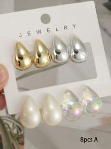 Set di 8 paia di orecchini a goccia d'acqua di colori misti, minimalista e alla moda per uso casual quotidiano