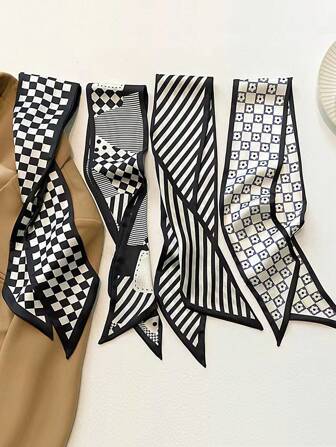 4 件装黑白别致窄长围巾，可作为腰带、专业领带