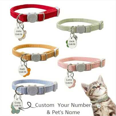 Personalized Cat Collar, Corduroy Soft Velvet Cat Collar With Bell Pendant And Pet Tag, Custom Pet Name And Phone Number Anti-Lost Cat Collar