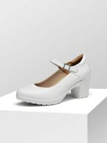 Women's Mary Jane Chunky Low Block Heels Pumps Round Toe Comfortable Elegant Work Office Dress Wedding Shoes With Arch Support - 白色 - 查看 7