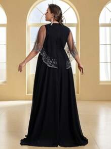 YISIKADO Đầm dự tiệc cổ chữ V bằng vải voan lưới đính đá sang trọng cỡ lớn có khăn choàng, Đầm dự tiệc cưới, Đầm trang trọng, Váy dạ hội - màu đen - Xem 3