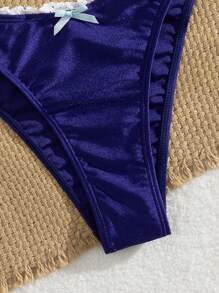 Summer Summer Beach Vacation Women's Ruffled Solid Color Bow Bikini Suit Beach - Blue - View 4