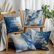 4 pièces Ensemble de taies d'oreiller simples et quotidiennes au motif bleu doré marbré, en tissu velours pêche imprimé sur un côté, 45*45CM/18*18 pouces. Housse de coussin pour décoration de canapé moderne d'intérieur, décoration de fête, cadeau