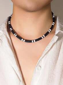 1pc Men's Vintage Versatile Black & White Ceramic Geometric Beaded Pendant Necklace, Suitable For Beach/Resort Wear