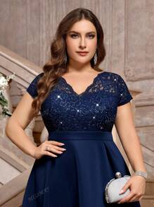 Plus Elegant V-Neck Contrast Sequin Floral Lace Prom Cocktail Party Swing Dress, Wedding Guest Dress, For Birthday, Graduation, Homecoming