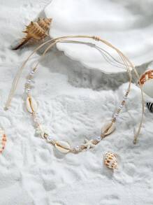 1pc Boho Turquoise Starfish And Pearl Woven Women Long Necklace, Suitable For Beach Vacation Wear