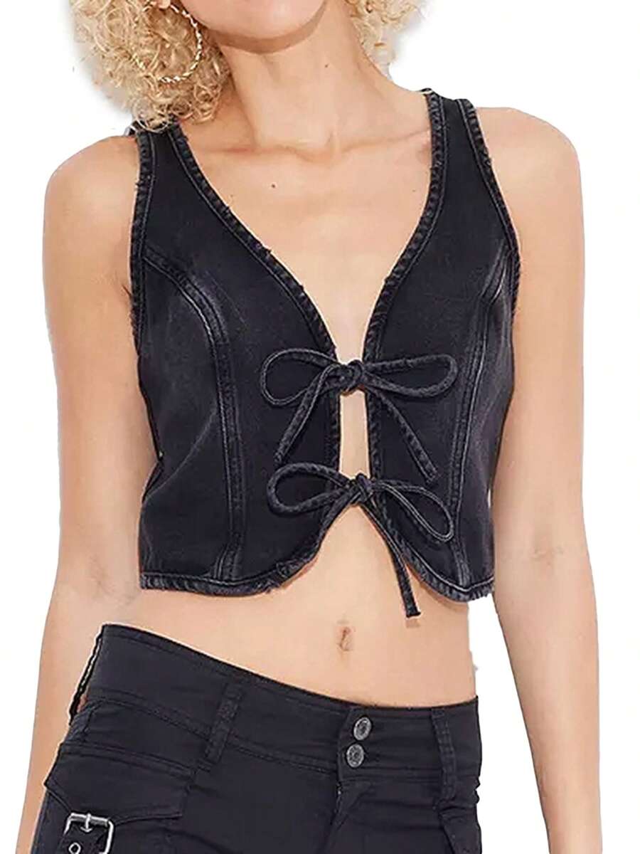 Women's Summer Jean Vest Sleeveless Tie-Up Front Denim Vest Tank Tops Jean Jacket