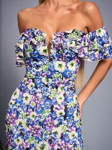 Mgiacy-Floral New Arrival Off Shoulder Romantic Bridesmaid Dress Printed Ruffle Chiffon Long Dress - Blue - View 5
